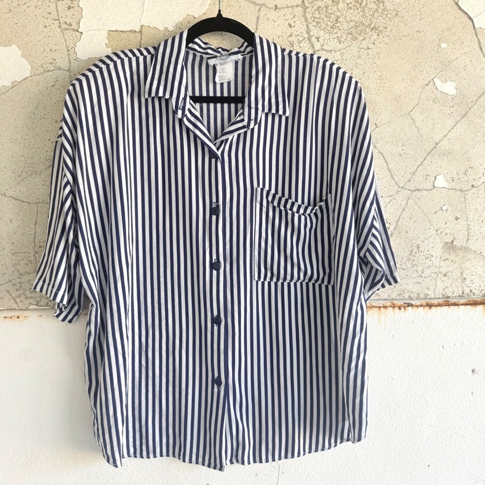 Vintage Shirt Striped Rayon‎ Button Down Short Sleeve Oversized Blouse Plus Size